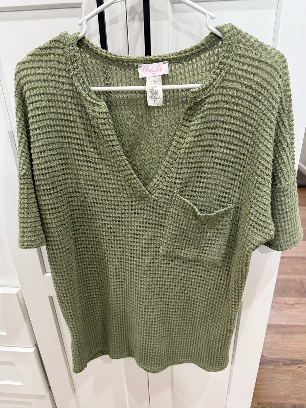 Pink Lily Sage Green Waffle V-Neck Pocket Tee